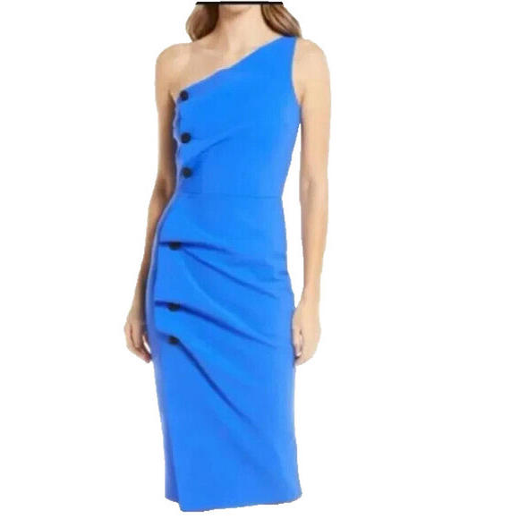 NEW, Chiara Boni La Petite Robe One Shoulder Dress Button Detail Blue 42 #MD871 - Picture 1 of 5